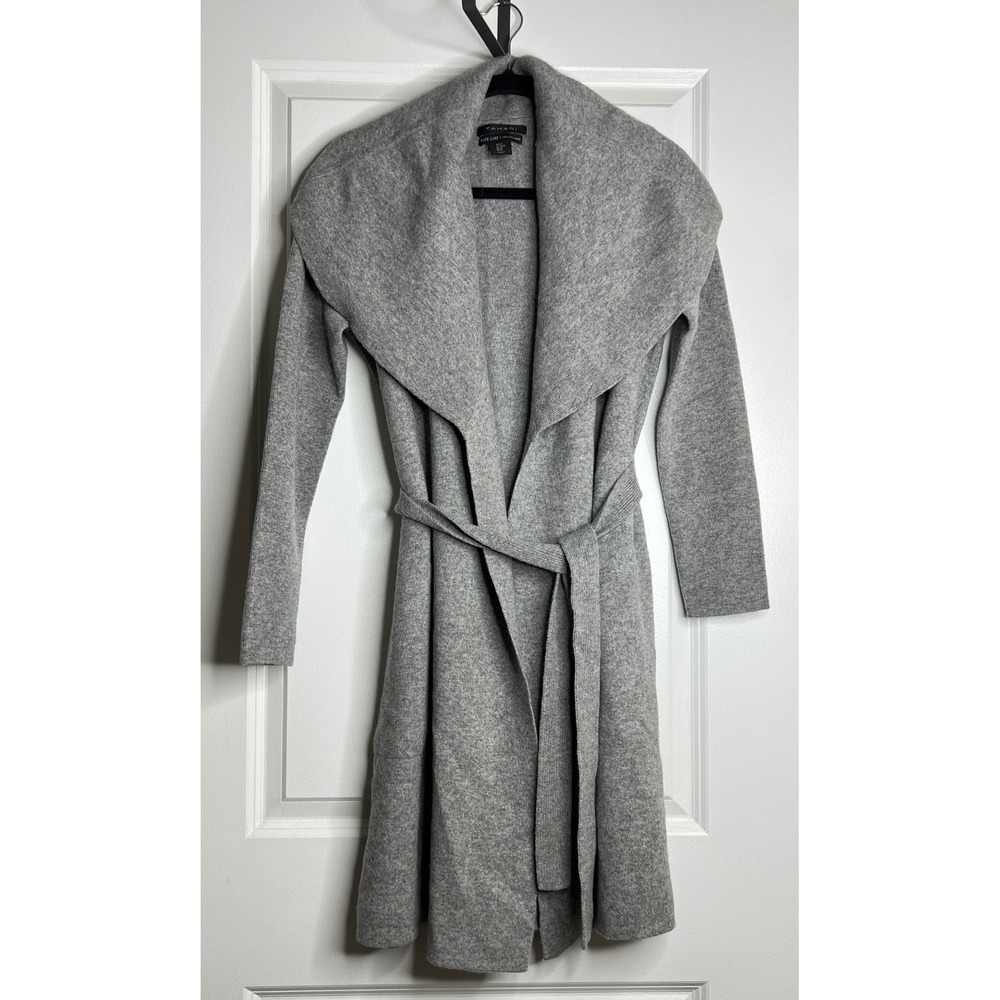 Tahari Pure Luxe 100% Cashmere Cardigan Sweater Gray Draped Shawl Belted Medium